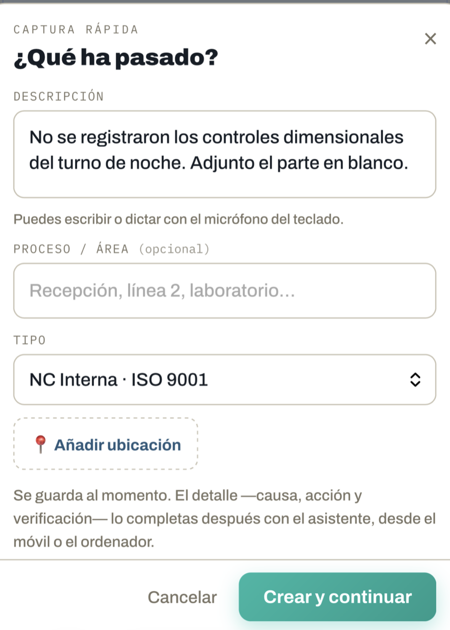 Captura real de Evidran en móvil para registrar una no conformidad desde el lugar donde ocurre